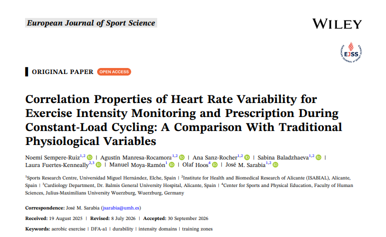 Profesorado del Máster publica el artículo «Correlation Properties of Heart Rate Variability for Exercise Intensity Monitoring and Prescription During Constant‐Load Cycling: A Comparison With Traditional Physiological Variables»