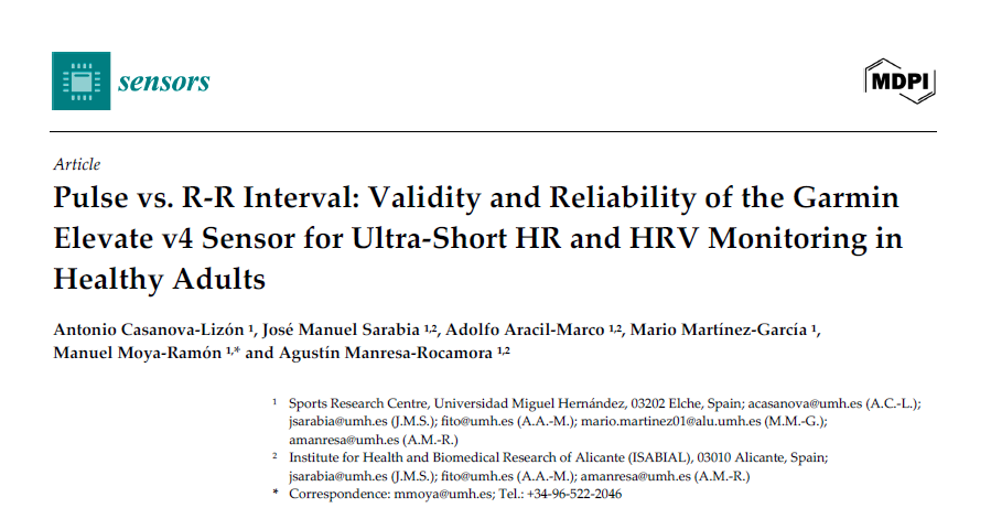 Profesorado del Máster publica el artículo «Pulse vs. R-R Interval: Validity and Reliability of the Garmin Elevate v4 Sensor for Ultra-Short HR and HRV Monitoring in Healthy Adults»